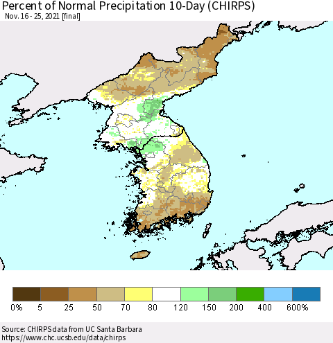 Korea Percent of Normal Precipitation 10-Day (CHIRPS) Thematic Map For 11/16/2021 - 11/25/2021