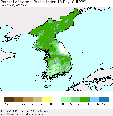 Korea Percent of Normal Precipitation 10-Day (CHIRPS) Thematic Map For 11/21/2021 - 11/30/2021