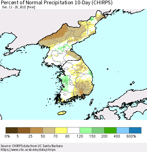 Korea Percent of Normal Precipitation 10-Day (CHIRPS) Thematic Map For 12/11/2021 - 12/20/2021