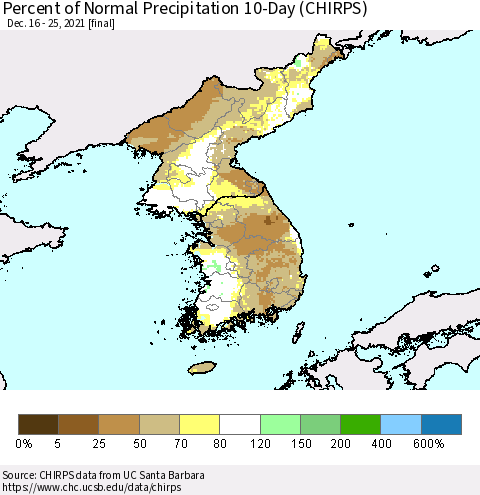 Korea Percent of Normal Precipitation 10-Day (CHIRPS) Thematic Map For 12/16/2021 - 12/25/2021
