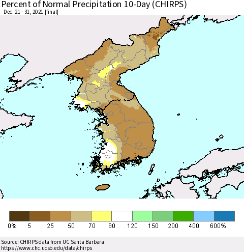 Korea Percent of Normal Precipitation 10-Day (CHIRPS) Thematic Map For 12/21/2021 - 12/31/2021