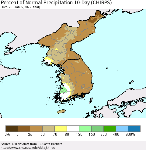 Korea Percent of Normal Precipitation 10-Day (CHIRPS) Thematic Map For 12/26/2021 - 1/5/2022
