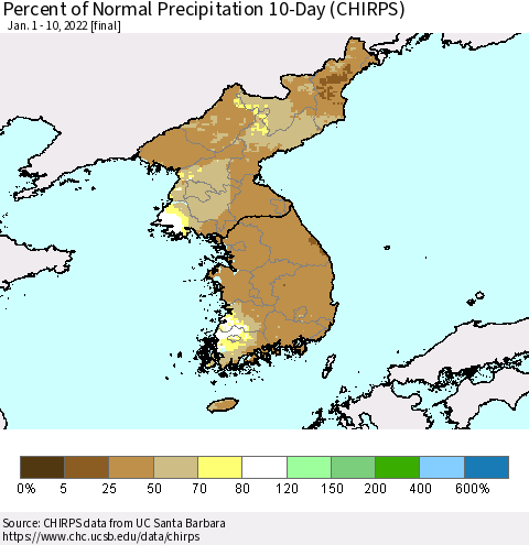 Korea Percent of Normal Precipitation 10-Day (CHIRPS) Thematic Map For 1/1/2022 - 1/10/2022