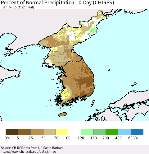 Korea Percent of Normal Precipitation 10-Day (CHIRPS) Thematic Map For 1/6/2022 - 1/15/2022