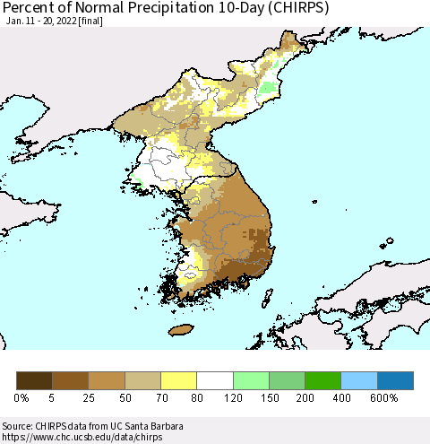 Korea Percent of Normal Precipitation 10-Day (CHIRPS) Thematic Map For 1/11/2022 - 1/20/2022