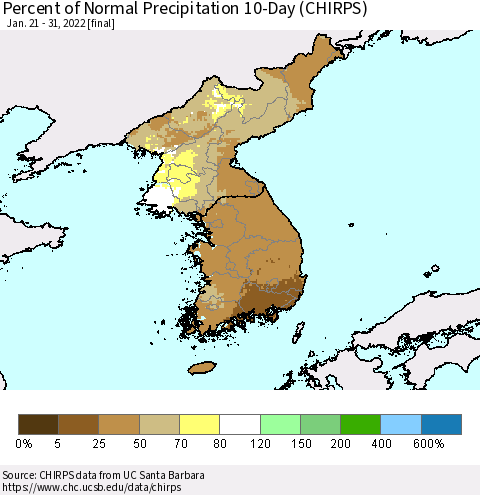Korea Percent of Normal Precipitation 10-Day (CHIRPS) Thematic Map For 1/21/2022 - 1/31/2022