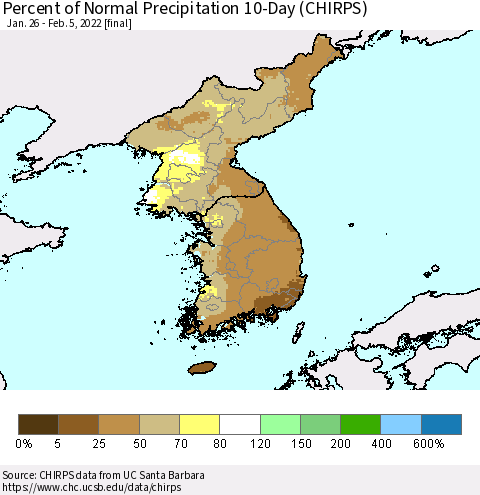 Korea Percent of Normal Precipitation 10-Day (CHIRPS) Thematic Map For 1/26/2022 - 2/5/2022