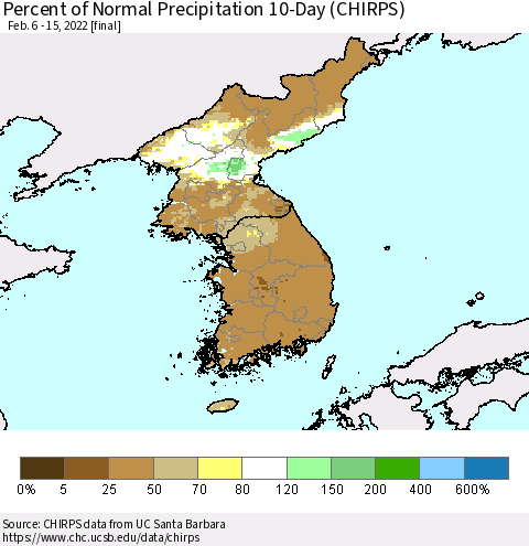 Korea Percent of Normal Precipitation 10-Day (CHIRPS) Thematic Map For 2/6/2022 - 2/15/2022