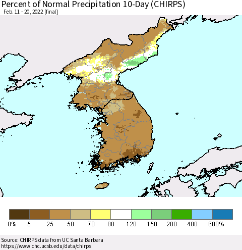 Korea Percent of Normal Precipitation 10-Day (CHIRPS) Thematic Map For 2/11/2022 - 2/20/2022