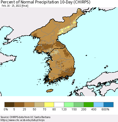 Korea Percent of Normal Precipitation 10-Day (CHIRPS) Thematic Map For 2/16/2022 - 2/25/2022