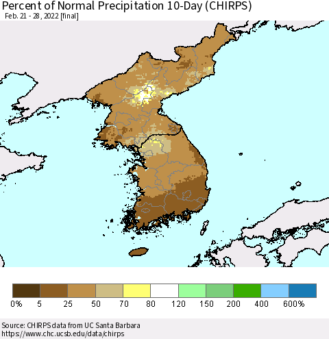 Korea Percent of Normal Precipitation 10-Day (CHIRPS) Thematic Map For 2/21/2022 - 2/28/2022