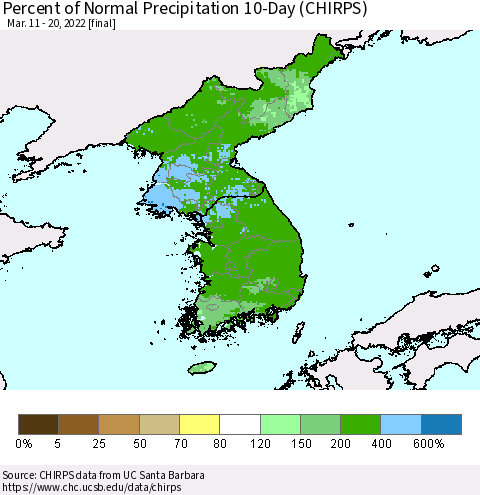 Korea Percent of Normal Precipitation 10-Day (CHIRPS) Thematic Map For 3/11/2022 - 3/20/2022