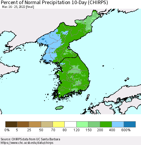Korea Percent of Normal Precipitation 10-Day (CHIRPS) Thematic Map For 3/16/2022 - 3/25/2022