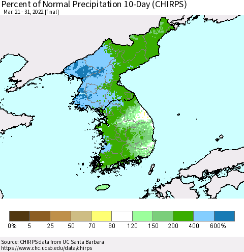 Korea Percent of Normal Precipitation 10-Day (CHIRPS) Thematic Map For 3/21/2022 - 3/31/2022