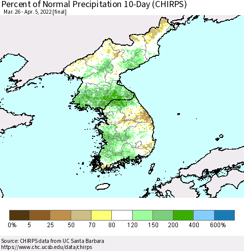 Korea Percent of Normal Precipitation 10-Day (CHIRPS) Thematic Map For 3/26/2022 - 4/5/2022