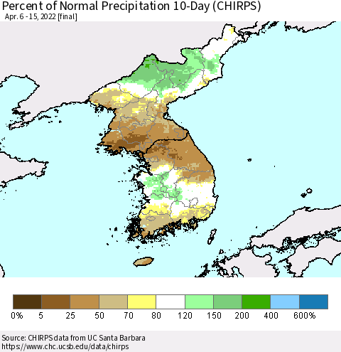 Korea Percent of Normal Precipitation 10-Day (CHIRPS) Thematic Map For 4/6/2022 - 4/15/2022