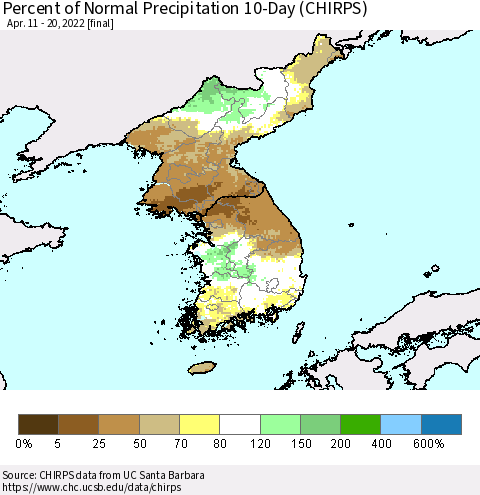 Korea Percent of Normal Precipitation 10-Day (CHIRPS) Thematic Map For 4/11/2022 - 4/20/2022