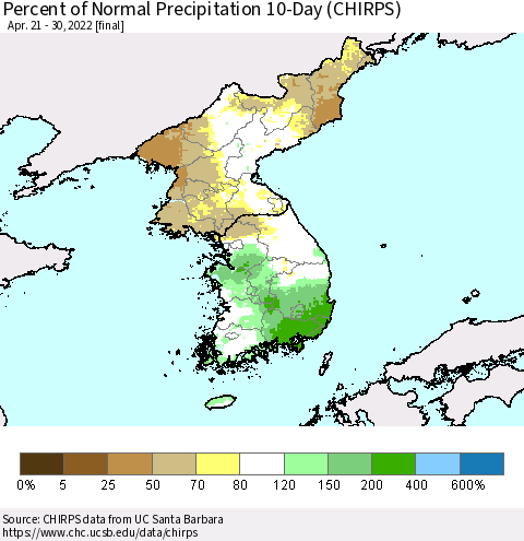 Korea Percent of Normal Precipitation 10-Day (CHIRPS) Thematic Map For 4/21/2022 - 4/30/2022