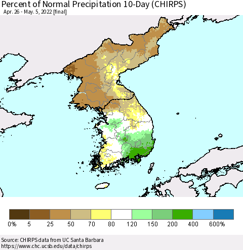 Korea Percent of Normal Precipitation 10-Day (CHIRPS) Thematic Map For 4/26/2022 - 5/5/2022