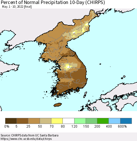 Korea Percent of Normal Precipitation 10-Day (CHIRPS) Thematic Map For 5/1/2022 - 5/10/2022