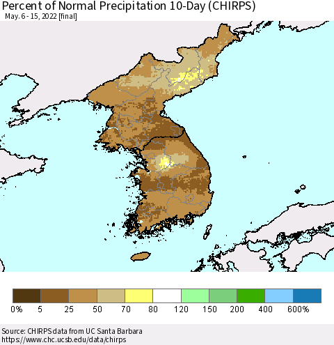 Korea Percent of Normal Precipitation 10-Day (CHIRPS) Thematic Map For 5/6/2022 - 5/15/2022