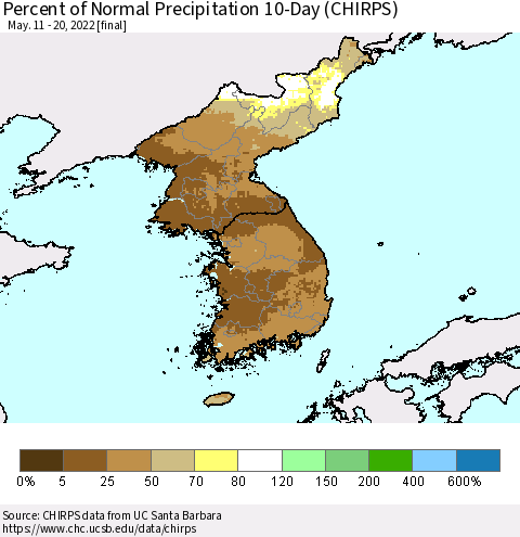 Korea Percent of Normal Precipitation 10-Day (CHIRPS) Thematic Map For 5/11/2022 - 5/20/2022