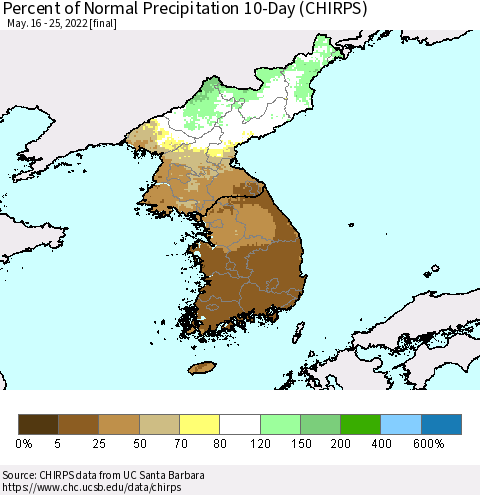 Korea Percent of Normal Precipitation 10-Day (CHIRPS) Thematic Map For 5/16/2022 - 5/25/2022