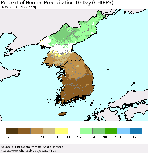 Korea Percent of Normal Precipitation 10-Day (CHIRPS) Thematic Map For 5/21/2022 - 5/31/2022