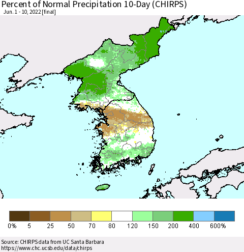 Korea Percent of Normal Precipitation 10-Day (CHIRPS) Thematic Map For 6/1/2022 - 6/10/2022