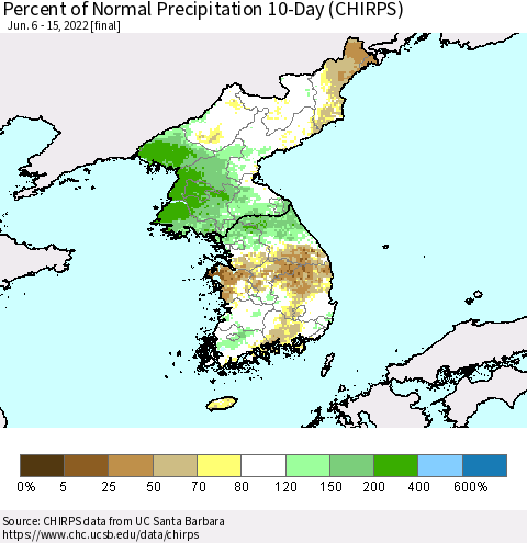 Korea Percent of Normal Precipitation 10-Day (CHIRPS) Thematic Map For 6/6/2022 - 6/15/2022