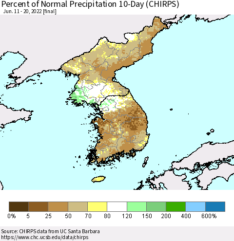 Korea Percent of Normal Precipitation 10-Day (CHIRPS) Thematic Map For 6/11/2022 - 6/20/2022