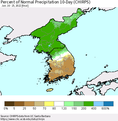 Korea Percent of Normal Precipitation 10-Day (CHIRPS) Thematic Map For 6/16/2022 - 6/25/2022