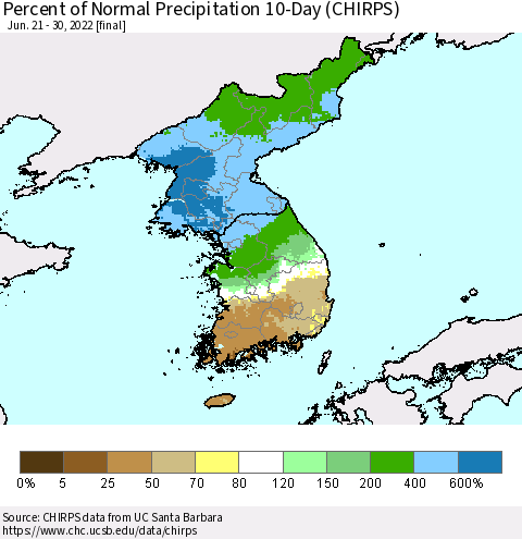 Korea Percent of Normal Precipitation 10-Day (CHIRPS) Thematic Map For 6/21/2022 - 6/30/2022
