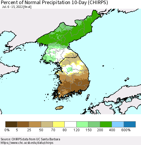 Korea Percent of Normal Precipitation 10-Day (CHIRPS) Thematic Map For 7/6/2022 - 7/15/2022