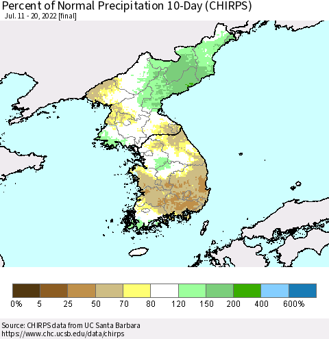 Korea Percent of Normal Precipitation 10-Day (CHIRPS) Thematic Map For 7/11/2022 - 7/20/2022