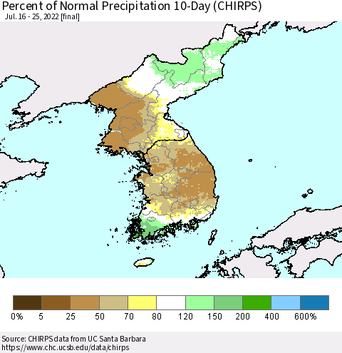 Korea Percent of Normal Precipitation 10-Day (CHIRPS) Thematic Map For 7/16/2022 - 7/25/2022