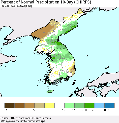 Korea Percent of Normal Precipitation 10-Day (CHIRPS) Thematic Map For 7/26/2022 - 8/5/2022