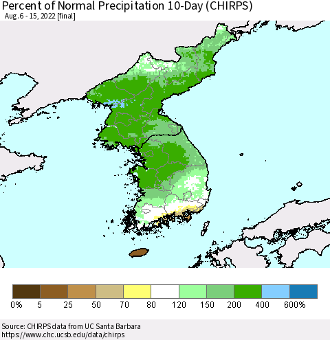 Korea Percent of Normal Precipitation 10-Day (CHIRPS) Thematic Map For 8/6/2022 - 8/15/2022