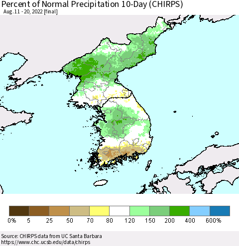 Korea Percent of Normal Precipitation 10-Day (CHIRPS) Thematic Map For 8/11/2022 - 8/20/2022