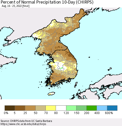 Korea Percent of Normal Precipitation 10-Day (CHIRPS) Thematic Map For 8/16/2022 - 8/25/2022