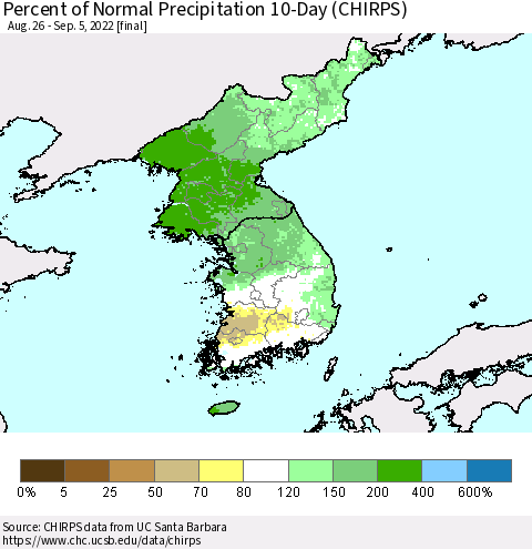 Korea Percent of Normal Precipitation 10-Day (CHIRPS) Thematic Map For 8/26/2022 - 9/5/2022