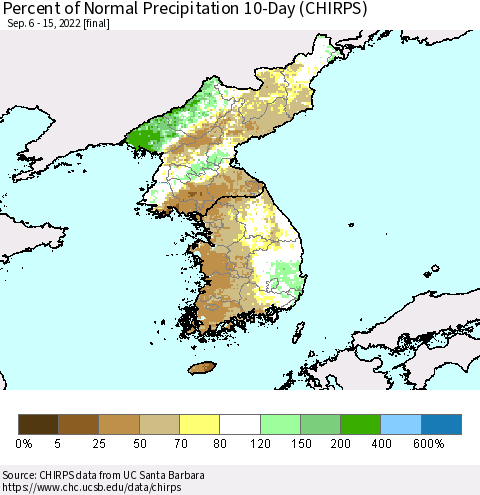 Korea Percent of Normal Precipitation 10-Day (CHIRPS) Thematic Map For 9/6/2022 - 9/15/2022