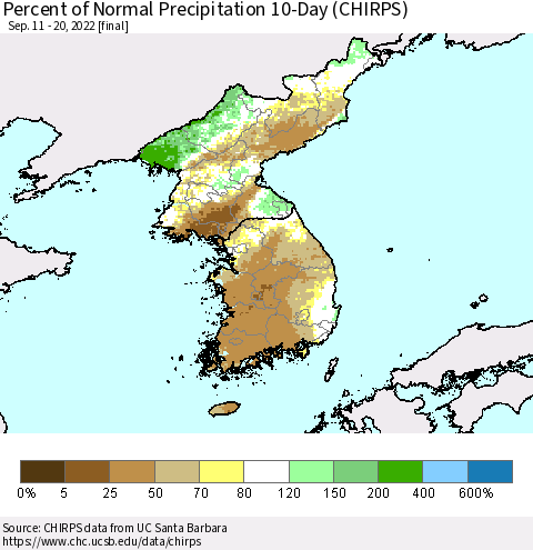 Korea Percent of Normal Precipitation 10-Day (CHIRPS) Thematic Map For 9/11/2022 - 9/20/2022