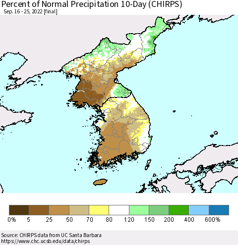 Korea Percent of Normal Precipitation 10-Day (CHIRPS) Thematic Map For 9/16/2022 - 9/25/2022