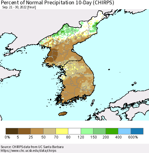 Korea Percent of Normal Precipitation 10-Day (CHIRPS) Thematic Map For 9/21/2022 - 9/30/2022