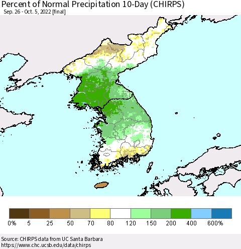 Korea Percent of Normal Precipitation 10-Day (CHIRPS) Thematic Map For 9/26/2022 - 10/5/2022