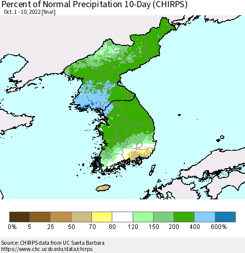 Korea Percent of Normal Precipitation 10-Day (CHIRPS) Thematic Map For 10/1/2022 - 10/10/2022