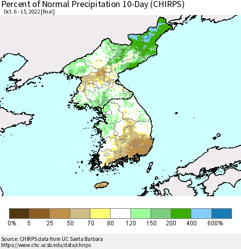 Korea Percent of Normal Precipitation 10-Day (CHIRPS) Thematic Map For 10/6/2022 - 10/15/2022