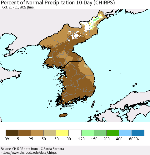 Korea Percent of Normal Precipitation 10-Day (CHIRPS) Thematic Map For 10/21/2022 - 10/31/2022