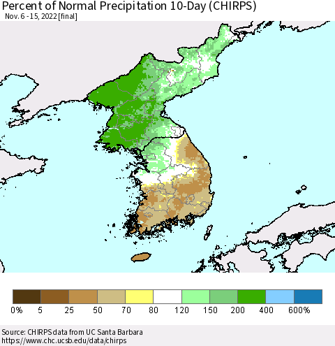 Korea Percent of Normal Precipitation 10-Day (CHIRPS) Thematic Map For 11/6/2022 - 11/15/2022